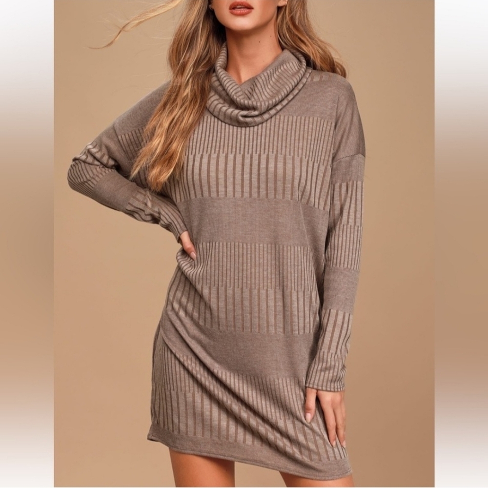 Lulu’s Morning Coffee Brown Ribbed Long Sleeve Cowl Neck Dress Sz XL
